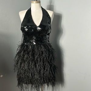 Bebe Dress Womens Black Bustier Top Halter Sequins Cocktail Evening Feathers S